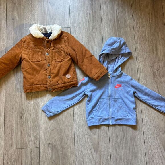 Bundle of 2 Little Me Boy Jacket Corduroy Fleece brwn jacket/Nike blue sweater - Picture 1 of 13